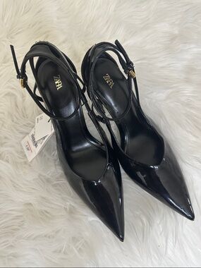 Zara Black Patent Pointed Ankle-Strap Heels